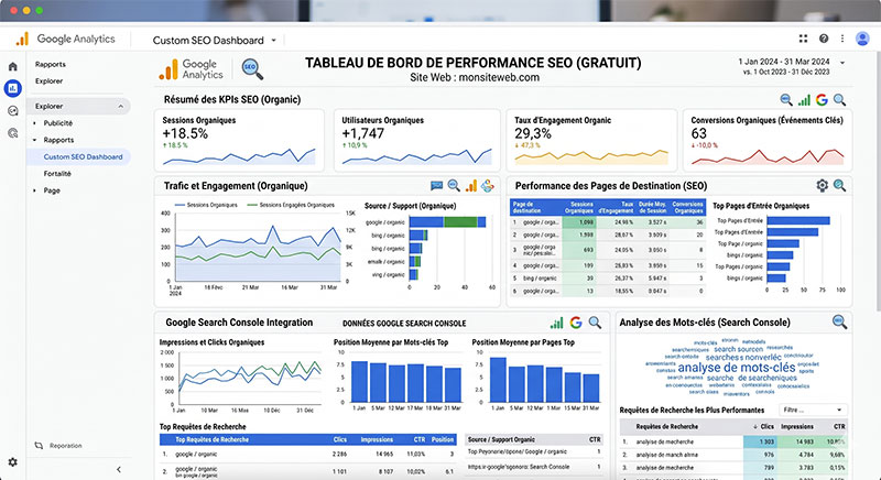 Dashboard Google Analytics performance SEO site web